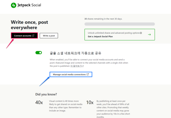 Jetpack Social-계정연결 및 소셜 연결