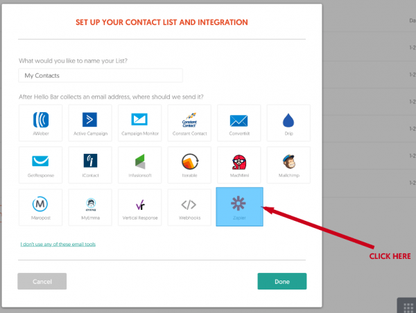 Hello Bar email marketing integration