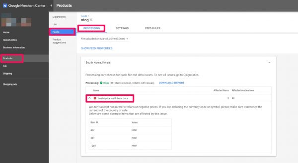 google merchant center-Invalid price in attribute price