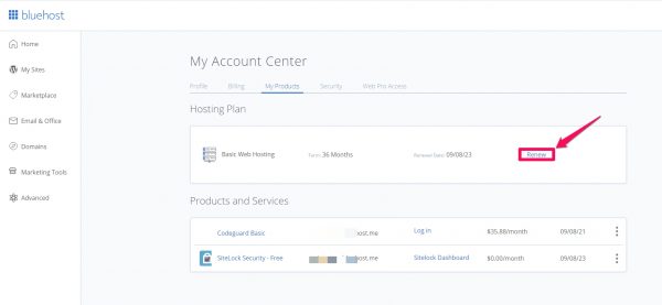 bluehost 호스팅 갱신-upgrade-downgrade-상품변경-2