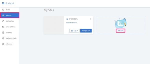 블루호스트-My Sites-Add Site
