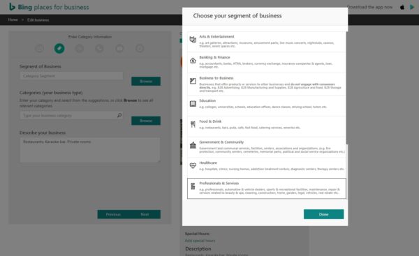bing place 대쉬보드 Action 필요한 조치에 Add Category가 보이는 경우-1-Choose your segment of business