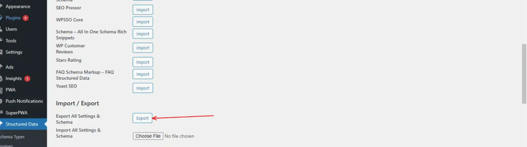 Schema & Structured Data for WP & AMP 플러그인-옵션 패널 설정을 가져오고 내보내는 방법-2