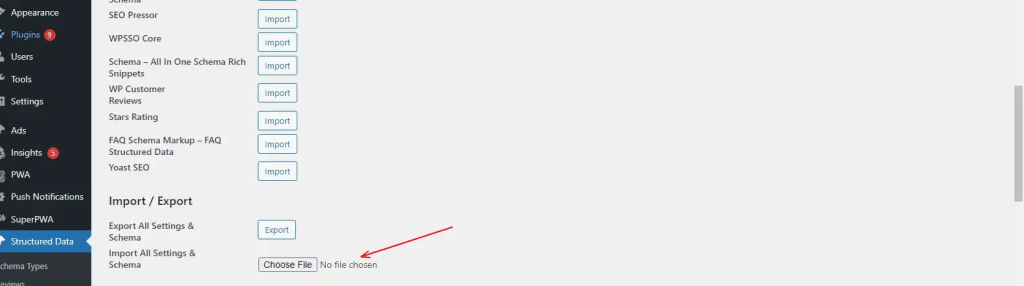 Schema & Structured Data for WP & AMP 플러그인-옵션 패널 설정을 가져오고 내보내는 방법-3