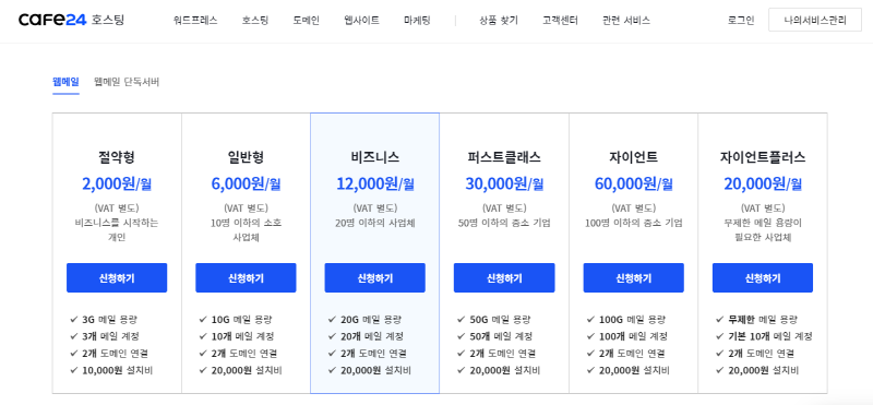 카페24호스팅 웹메일 서비스 가격표