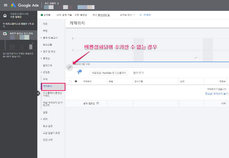 유튜브 동영상 광고에 게재위치를 추가할 수 없는 경우