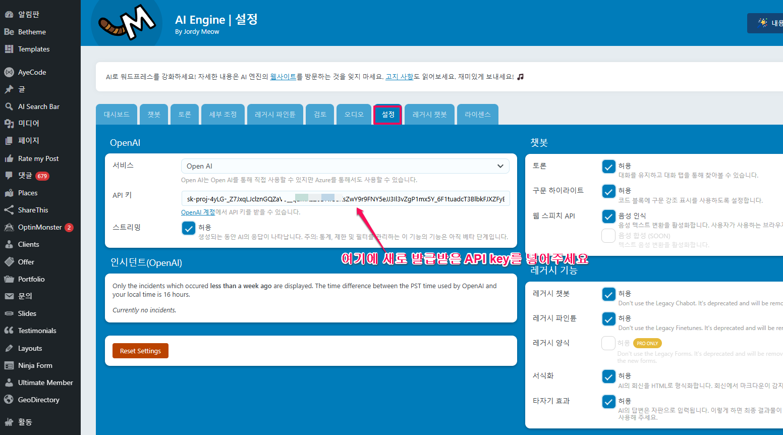 AI-Engine-설정에 새로 발급받은 API key를 넣어주세요