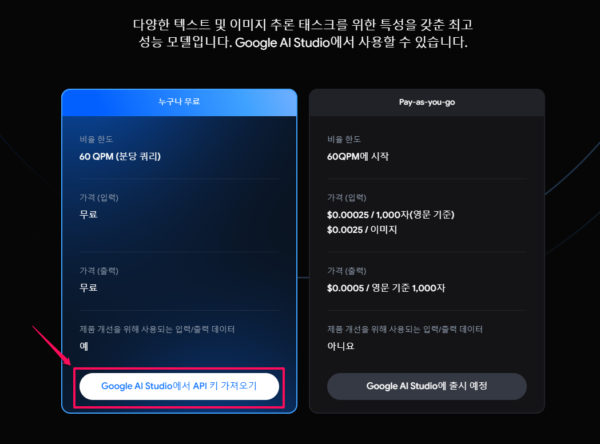 구글 AI 스튜디오를 Gemini 이용료