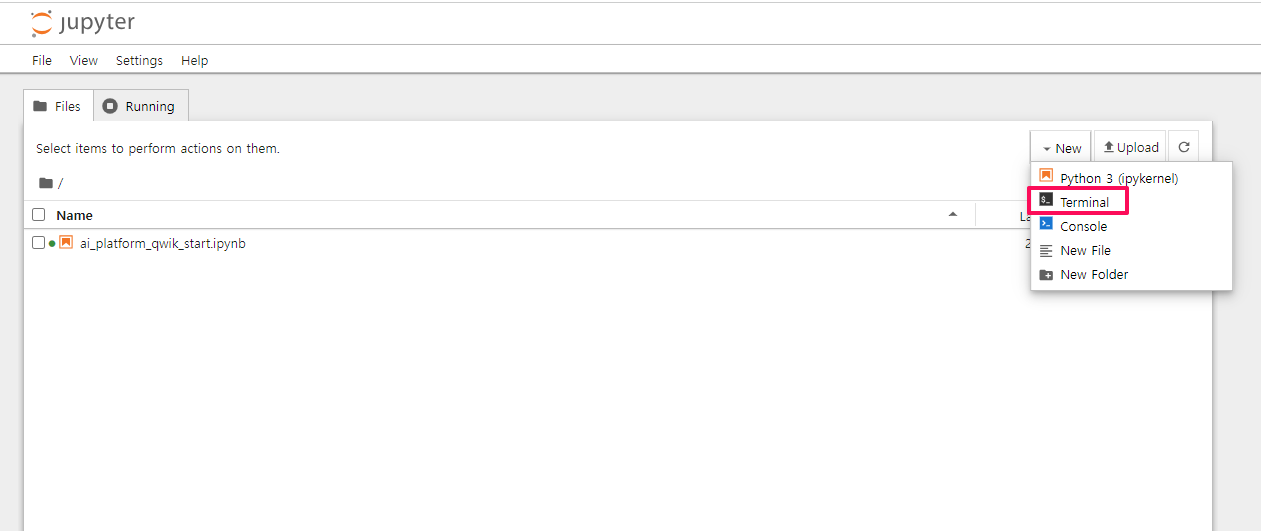 jupyter notebook-terminal선택